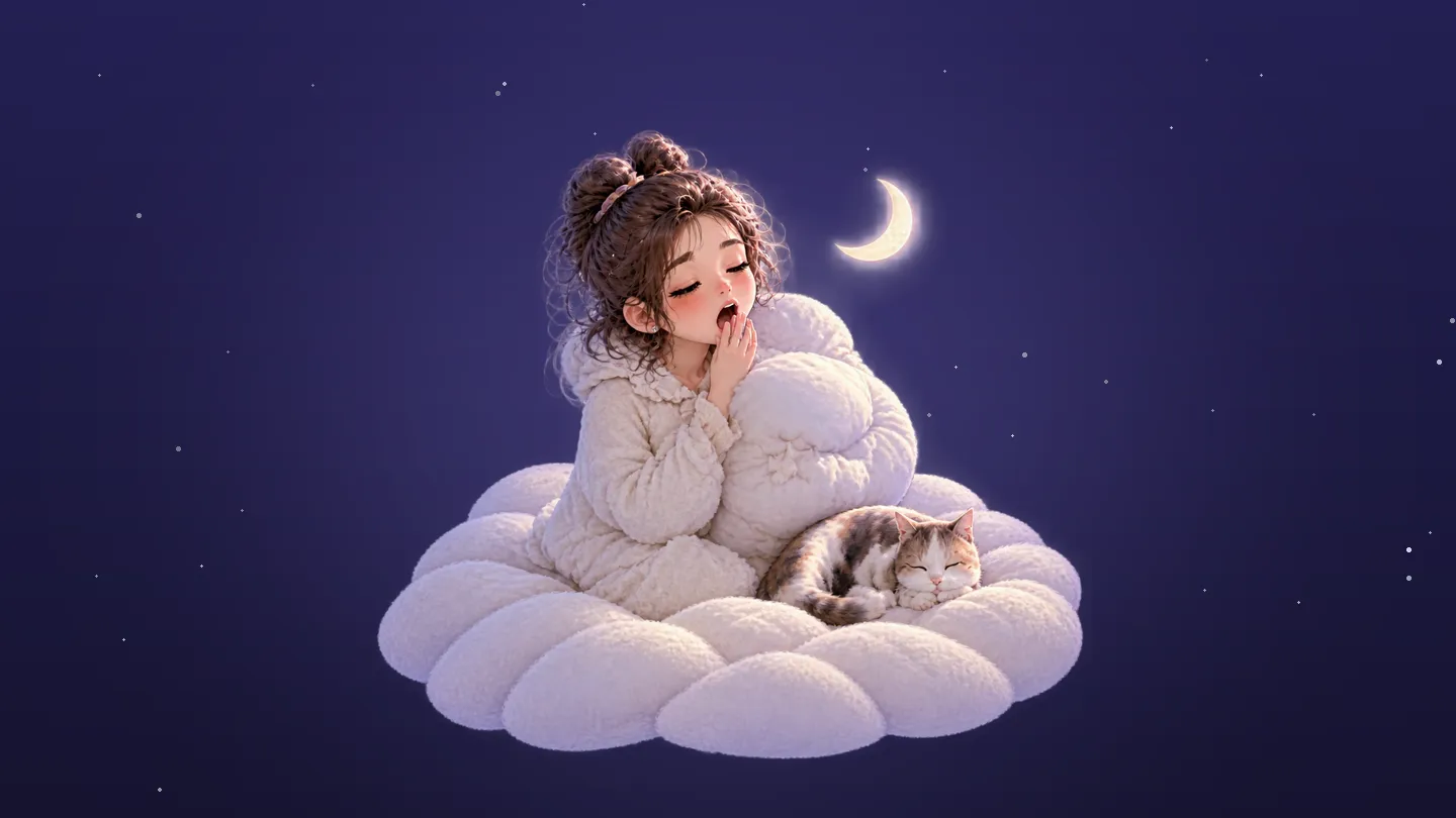 The DayDay girl hugging a pillow and yawning on a cloud at night, with a sleeping cat and the moon