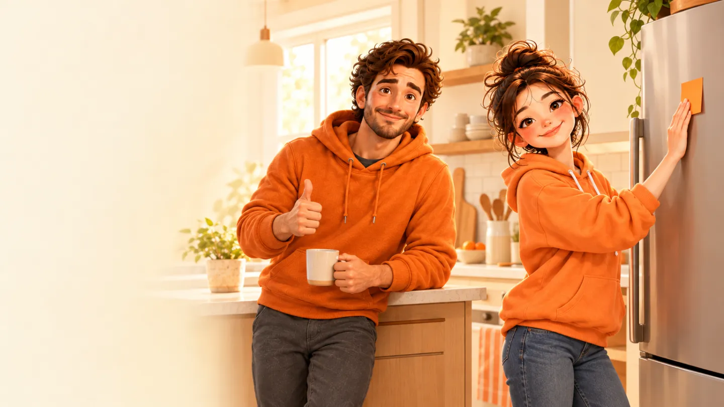The DayDay girl sticking a blank orange note on the fridge while the coach gives a thumbs-up