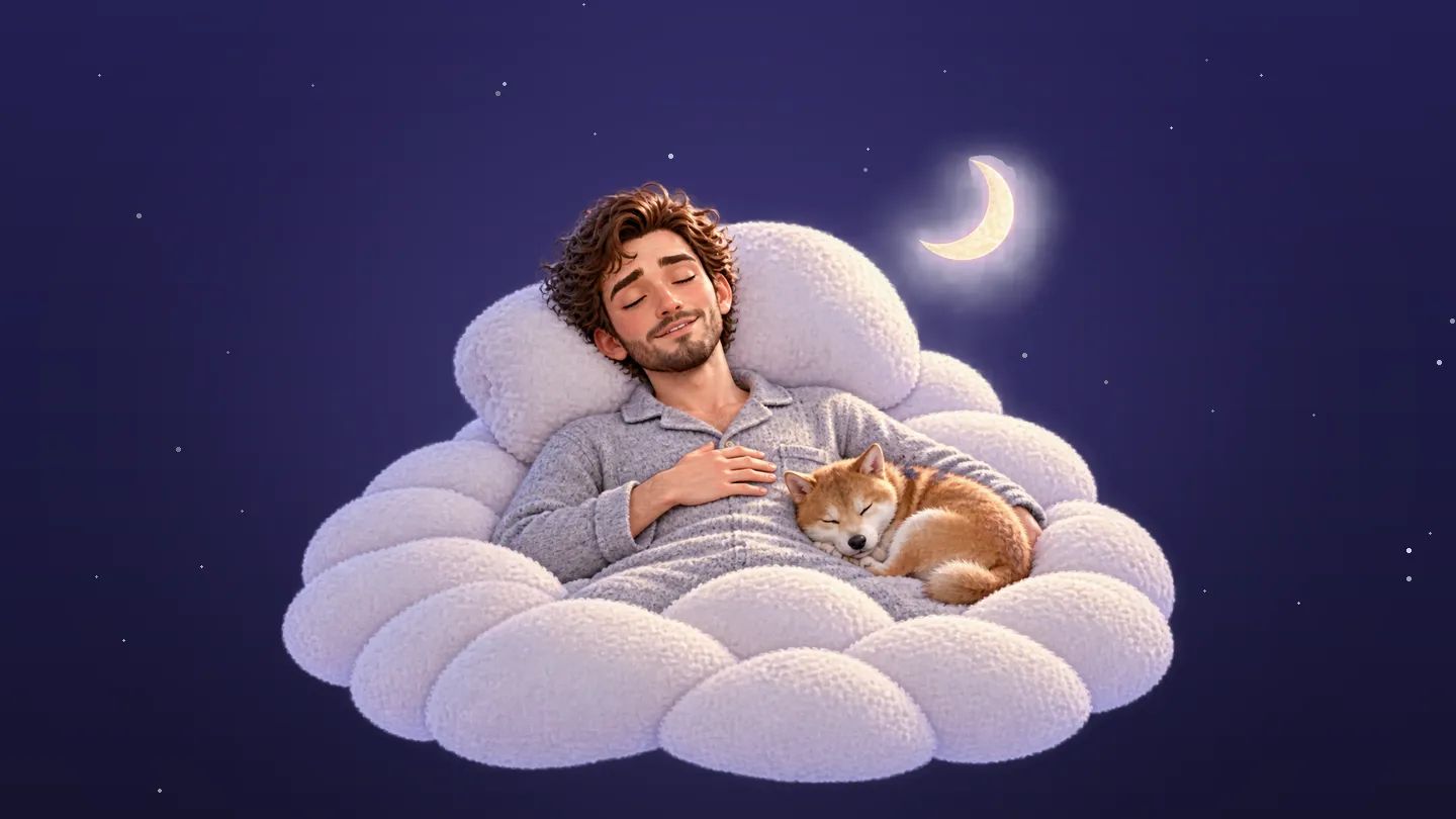 The DayDay coach asleep on his back on a cloud in grey pyjamas, a shiba dog curled up beside him under the moon
