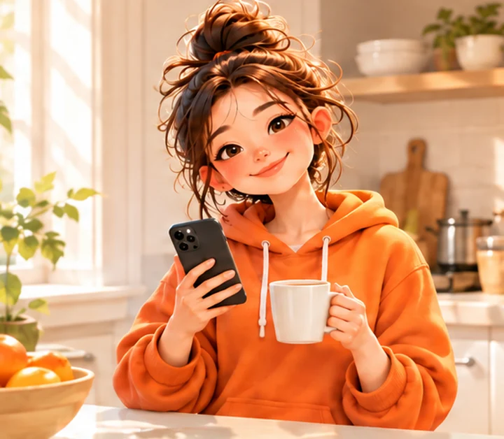 DayDay 女孩边喝咖啡吃早餐，边在手机上打字