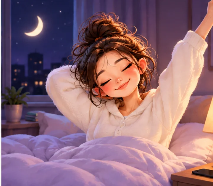 夜里 DayDay 女孩在床上伸懒腰，窗外有月亮