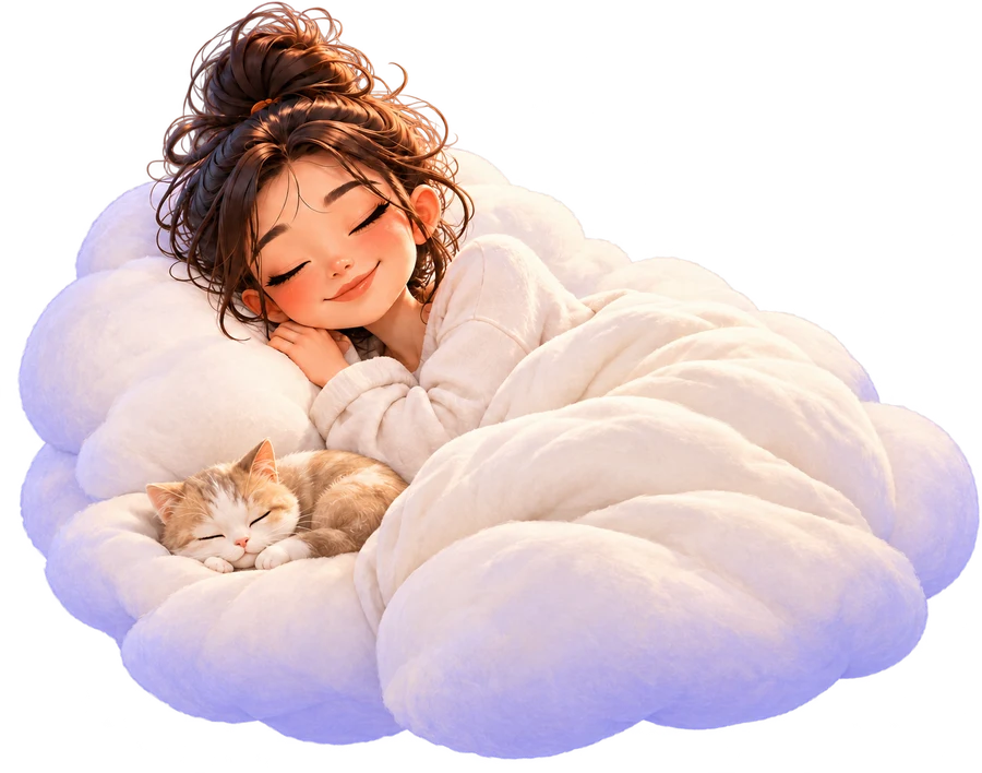 The DayDay girl asleep on a soft cloud with a sleeping cat