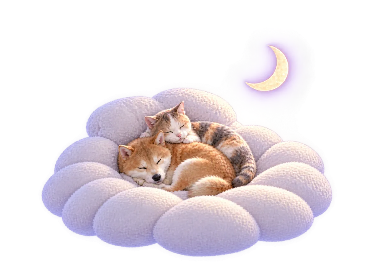 A calico cat and a shiba dog asleep together on a soft cloud under the moon