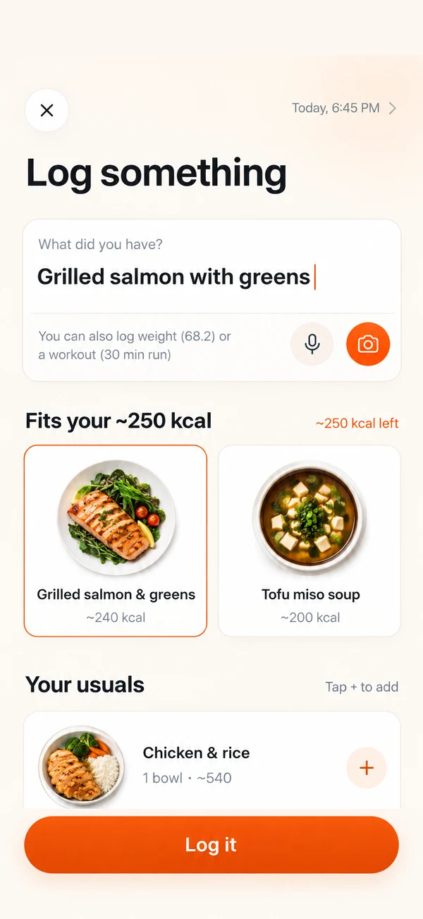 Forward Log screen with meal ideas that fit about 250 kcal