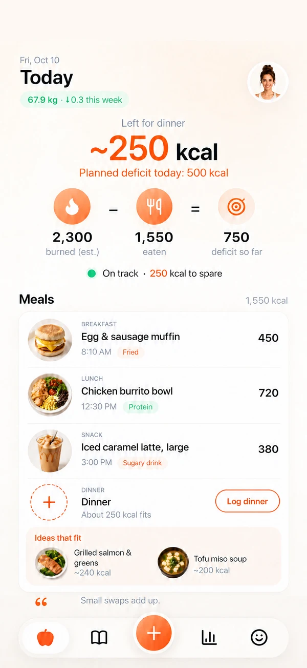 Forward Today screen: about 250 kcal left for dinner, 2,300 burned minus 1,550 eaten, and today's meals